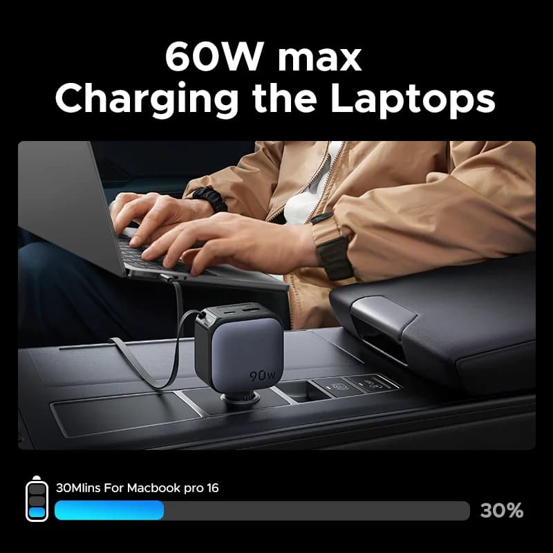 145W USB-C Autolader met Intrekbare Kabel