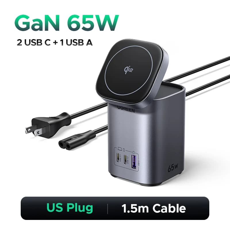 65W GaN Desktop-oplader met Qi2 draadloze standaard