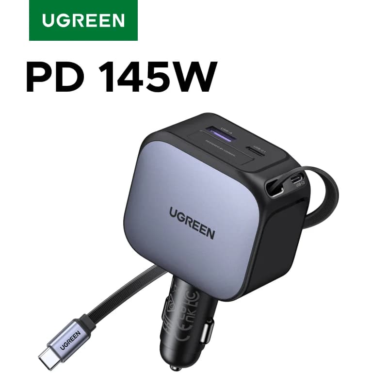 145W Autolader met 3 USB-C-poorten en Intrekbaar Kabel
