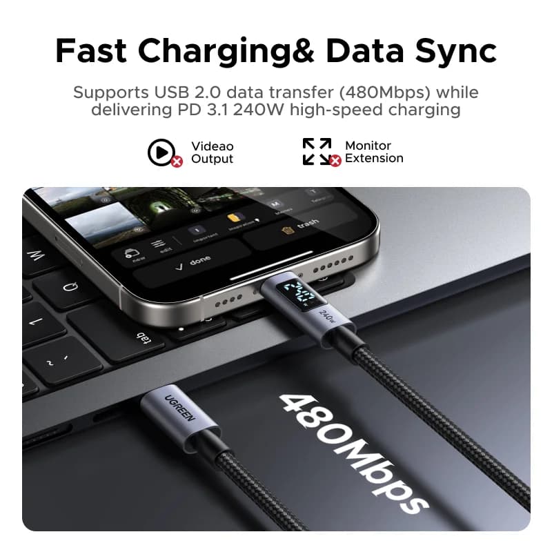 240W USB-C Kabel met Digitaal Vermogensscherm