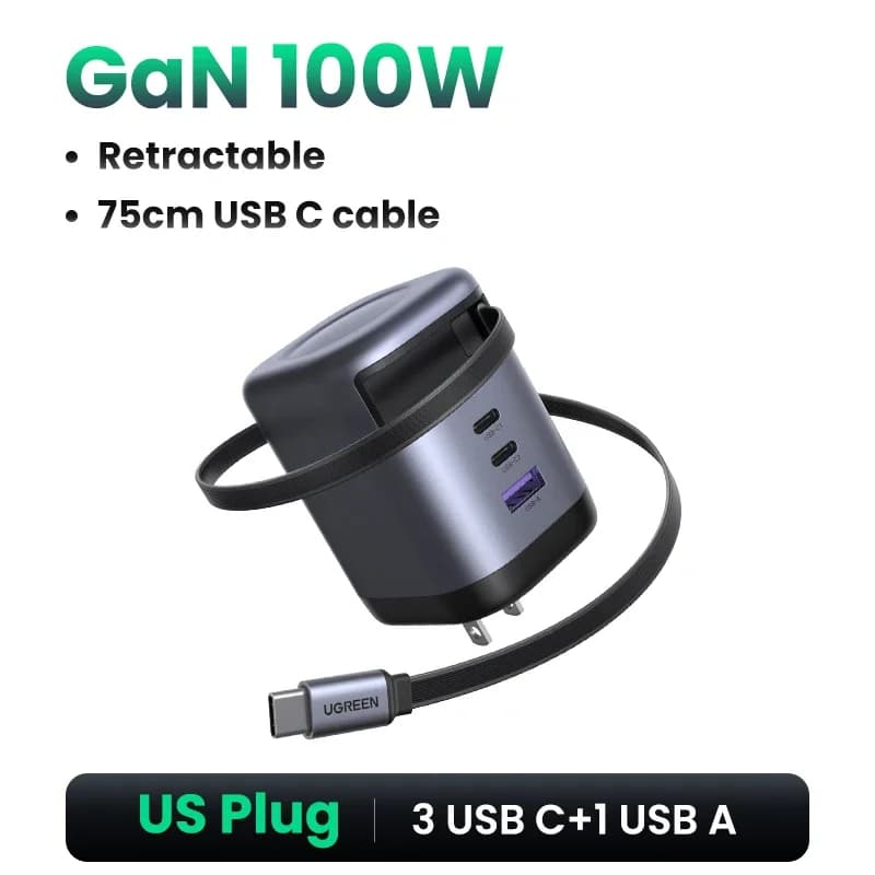 65W GaN-oplader met intrekbaar USB-C kabel