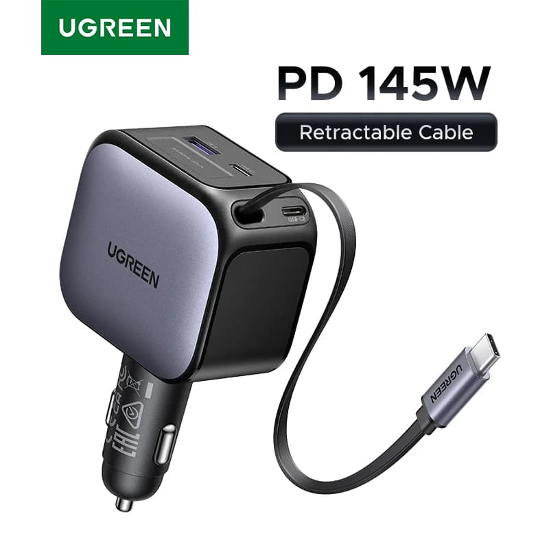 145W USB-C Autolader met Intrekbare Kabel